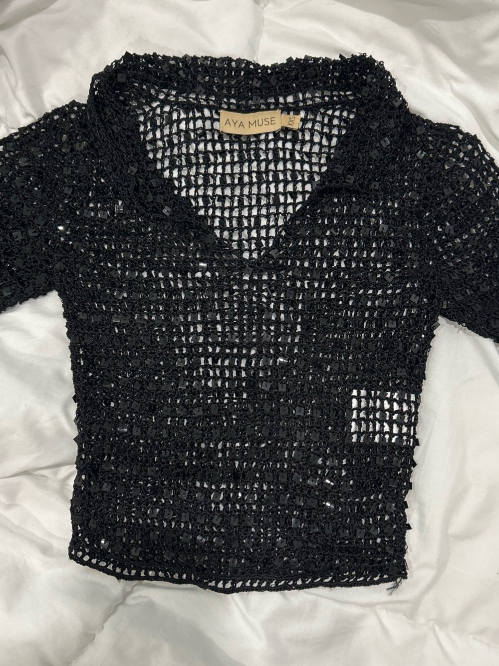 AYA MUSE Black Crochet V-Neck Short Sleeve Sweater Top
